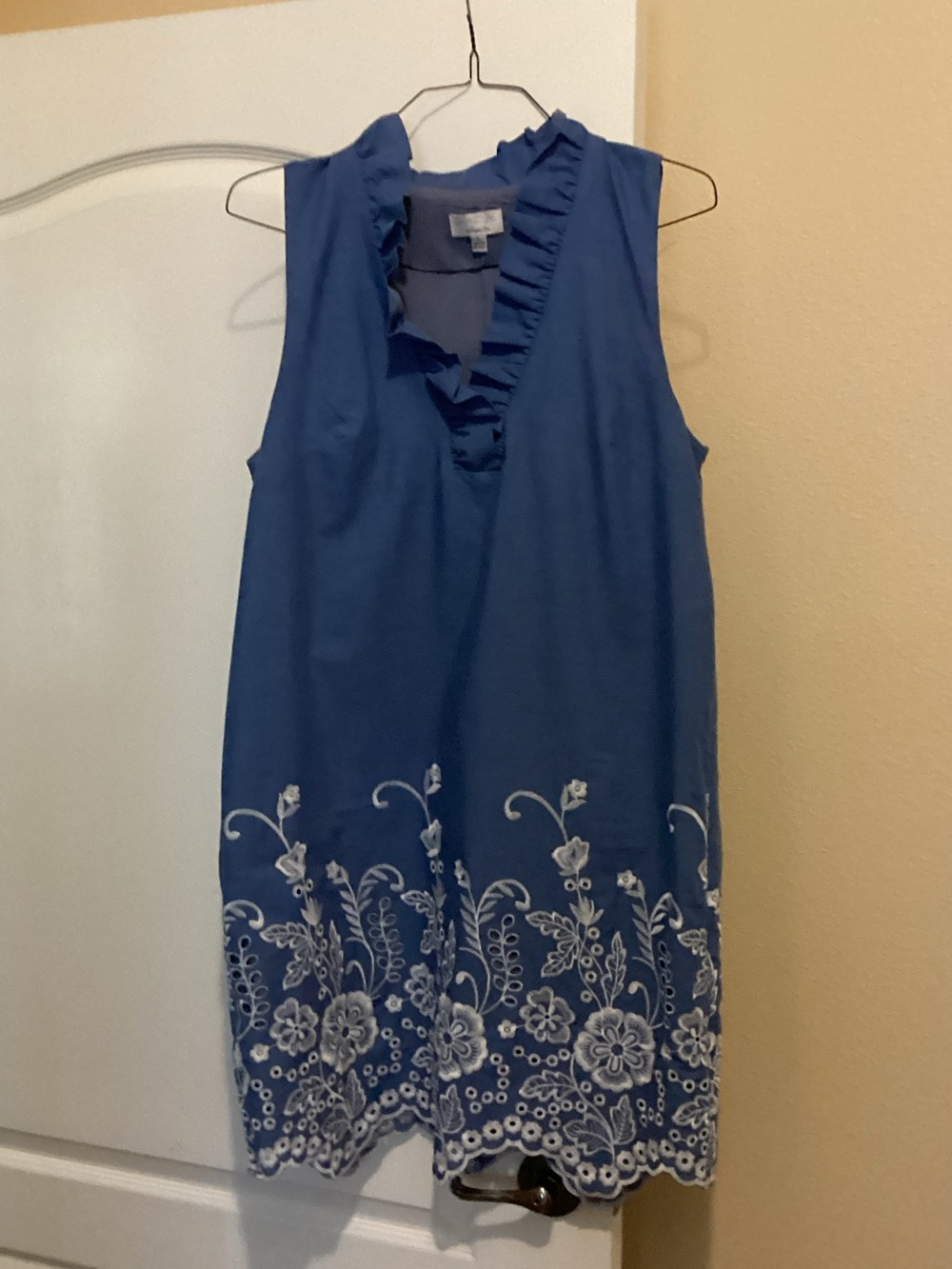 Signature Blue Sleeveless Ruffle V-Neck Dress with White Floral Embroidery